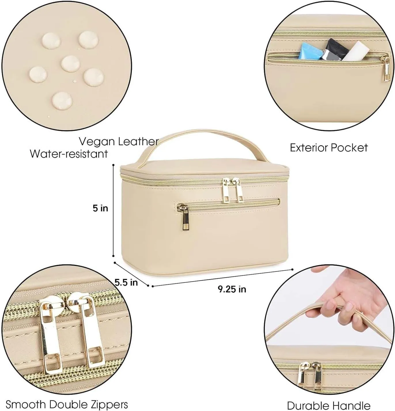 Wandering Nature Makeup Bag, Travel Make Up Organizer Cosmetic Brush Bags Case for Women in Vegan Leather, Beige,Patent Pending