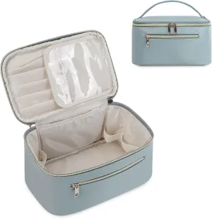 Wandering Nature Makeup Bag, Travel Make Up Organizer Cosmetic Brush Bags Case for Women in Vegan Leather, Grayish Blue, Patent Pending