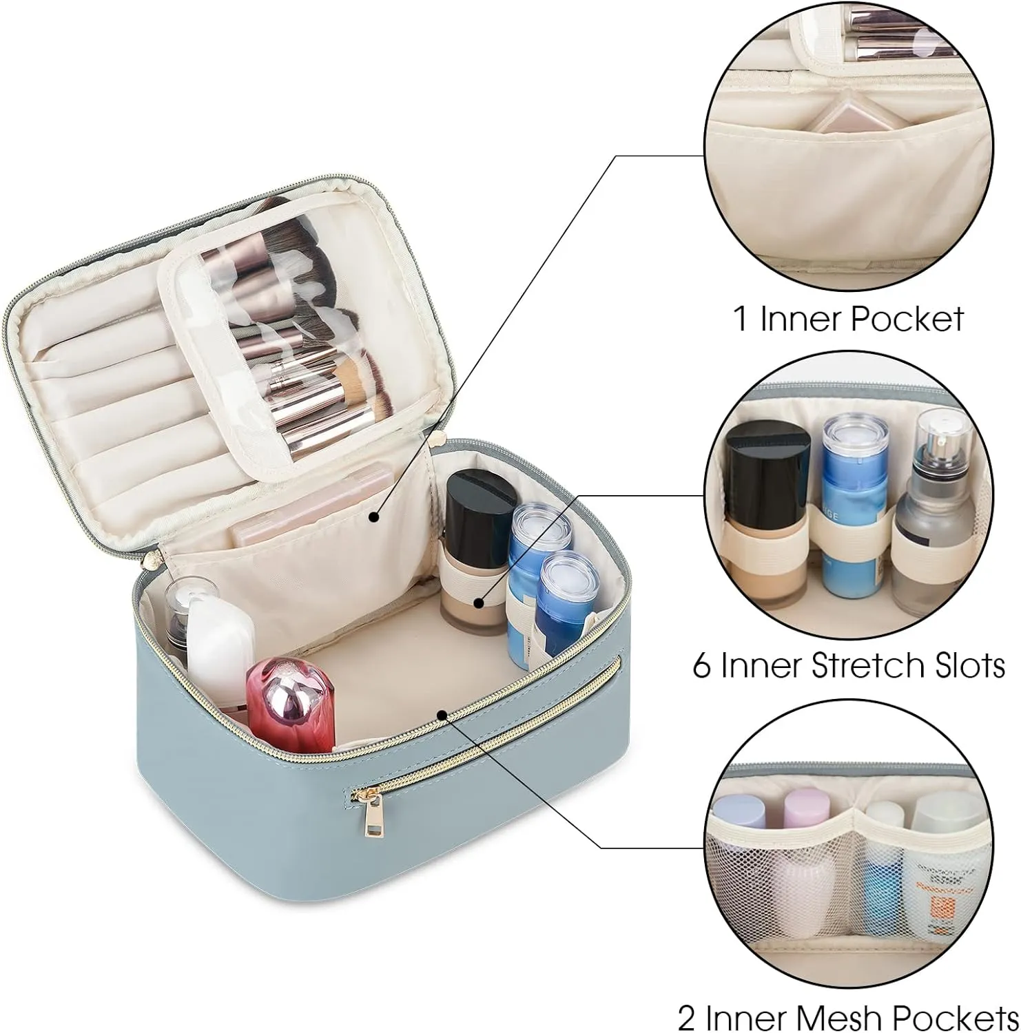 Wandering Nature Makeup Bag, Travel Make Up Organizer Cosmetic Brush Bags Case for Women in Vegan Leather, Grayish Blue, Patent Pending