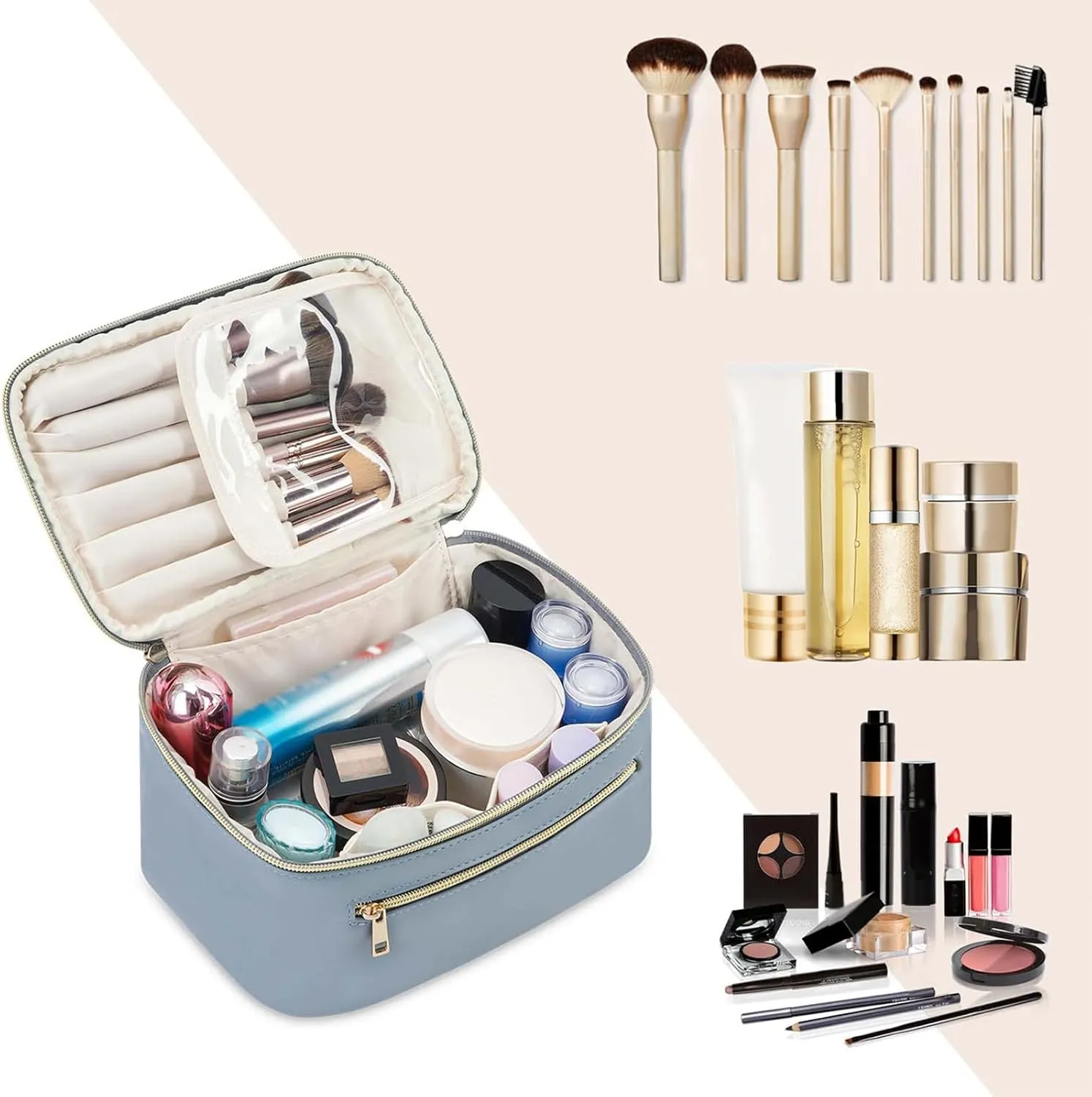 Wandering Nature Makeup Bag, Travel Make Up Organizer Cosmetic Brush Bags Case for Women in Vegan Leather, Grayish Blue, Patent Pending