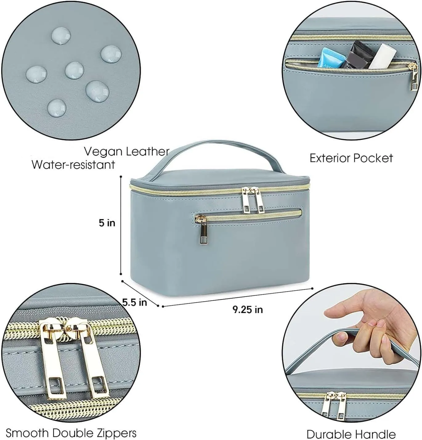 Wandering Nature Makeup Bag, Travel Make Up Organizer Cosmetic Brush Bags Case for Women in Vegan Leather, Grayish Blue, Patent Pending
