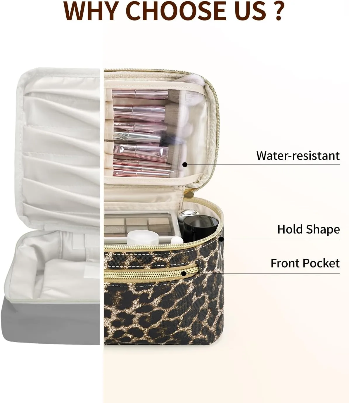 Wandering Nature Makeup Bag, Travel Make Up Organizer Cosmetic Brush Bags Case for Women in Vegan Leather, Leopard Print, Patent Pending