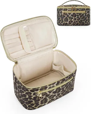Wandering Nature Makeup Bag, Travel Make Up Organizer Cosmetic Brush Bags Case for Women in Vegan Leather, Leopard Print, Patent Pending