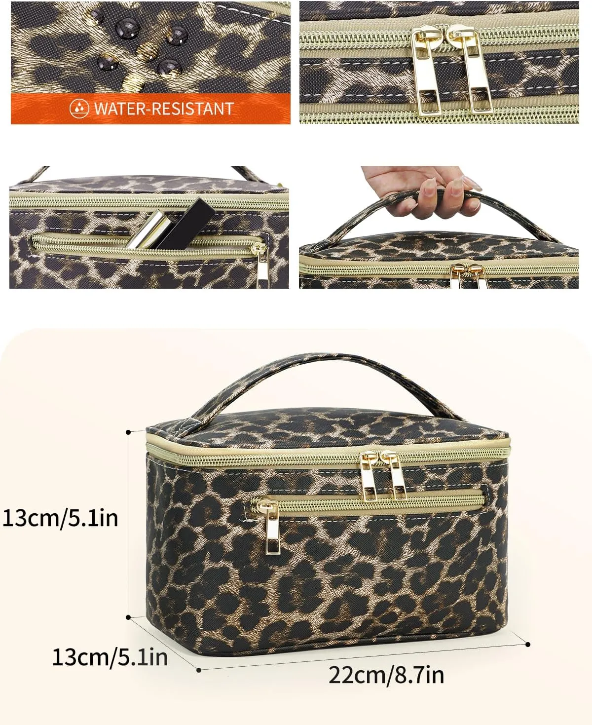 Wandering Nature Makeup Bag, Travel Make Up Organizer Cosmetic Brush Bags Case for Women in Vegan Leather, Leopard Print, Patent Pending