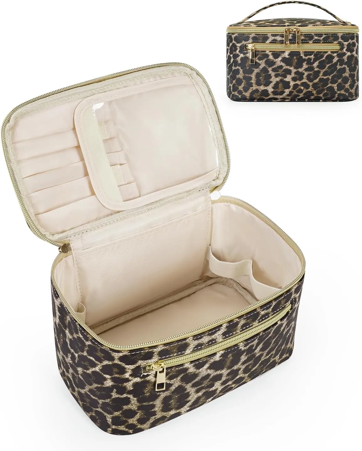 Wandering Nature Makeup Bag, Travel Make Up Organizer Cosmetic Brush Bags Case for Women in Vegan Leather, Leopard Print, Patent Pending