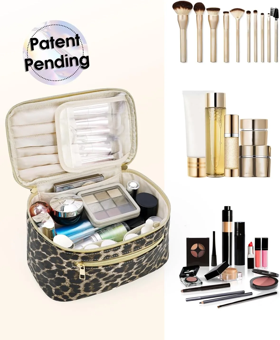 Wandering Nature Makeup Bag, Travel Make Up Organizer Cosmetic Brush Bags Case for Women in Vegan Leather, Leopard Print, Patent Pending