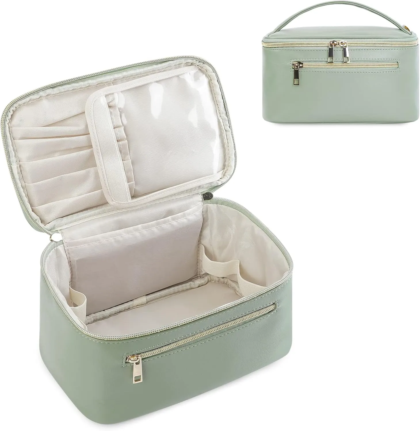 Wandering Nature Makeup Bag, Travel Make Up Organizer Cosmetic Brush Bags Case for Women in Vegan Leather, Sage Green, Patent Pending
