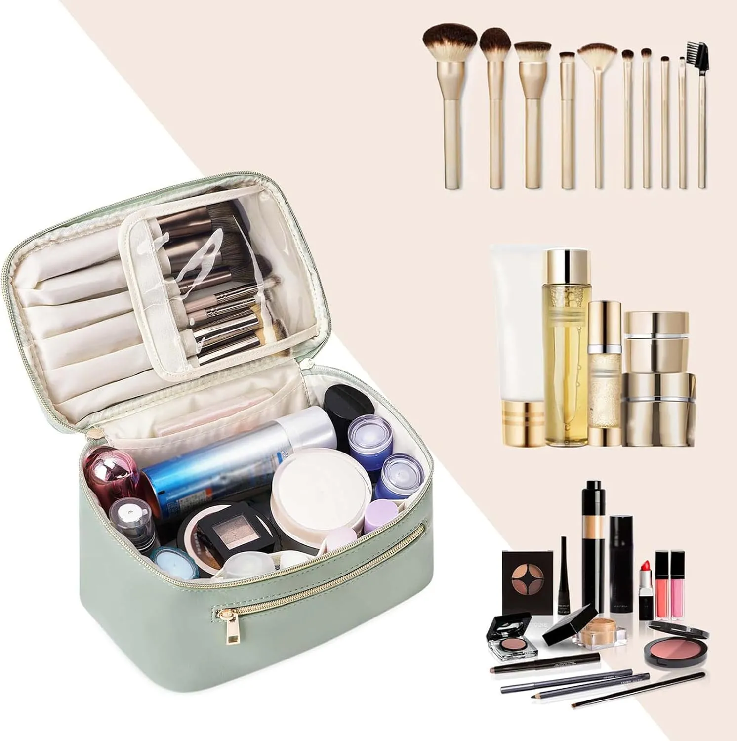 Wandering Nature Makeup Bag, Travel Make Up Organizer Cosmetic Brush Bags Case for Women in Vegan Leather, Sage Green, Patent Pending