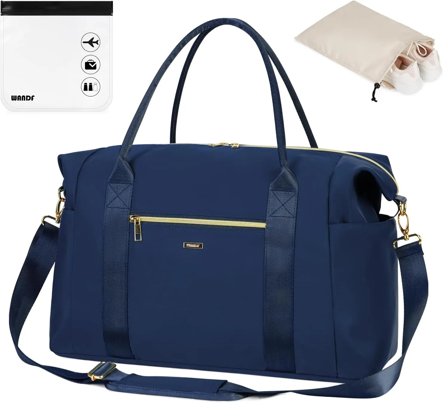 WANDF For Spirit Airlines Personal Item Bag 18x14x8 Travel Duffel Bag with TSA Approved Quart Size Bag & Shoe Bags Weekender Overnight Carry-on Luggage for Women (Navy Blue）