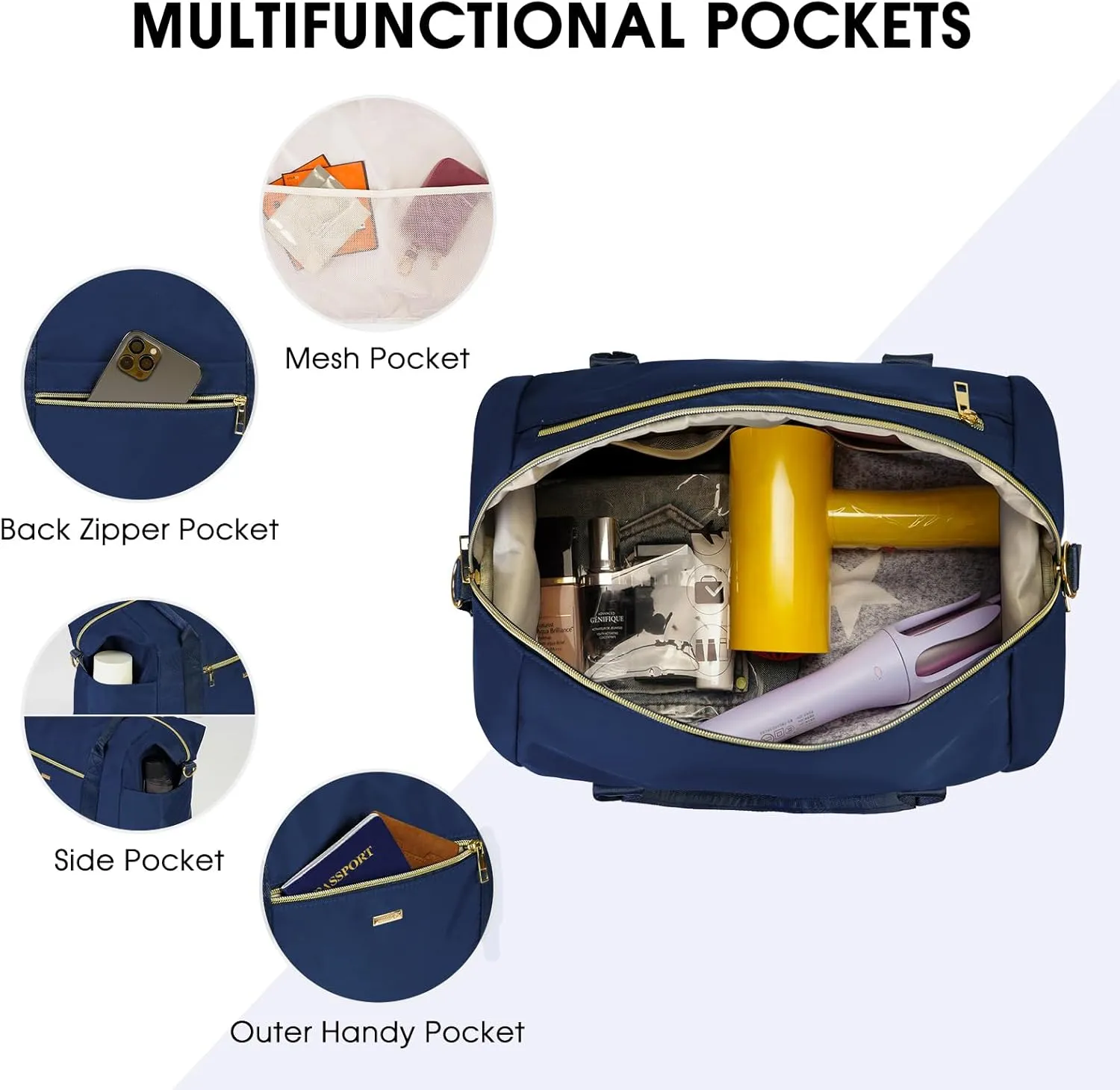 WANDF For Spirit Airlines Personal Item Bag 18x14x8 Travel Duffel Bag with TSA Approved Quart Size Bag & Shoe Bags Weekender Overnight Carry-on Luggage for Women (Navy Blue）