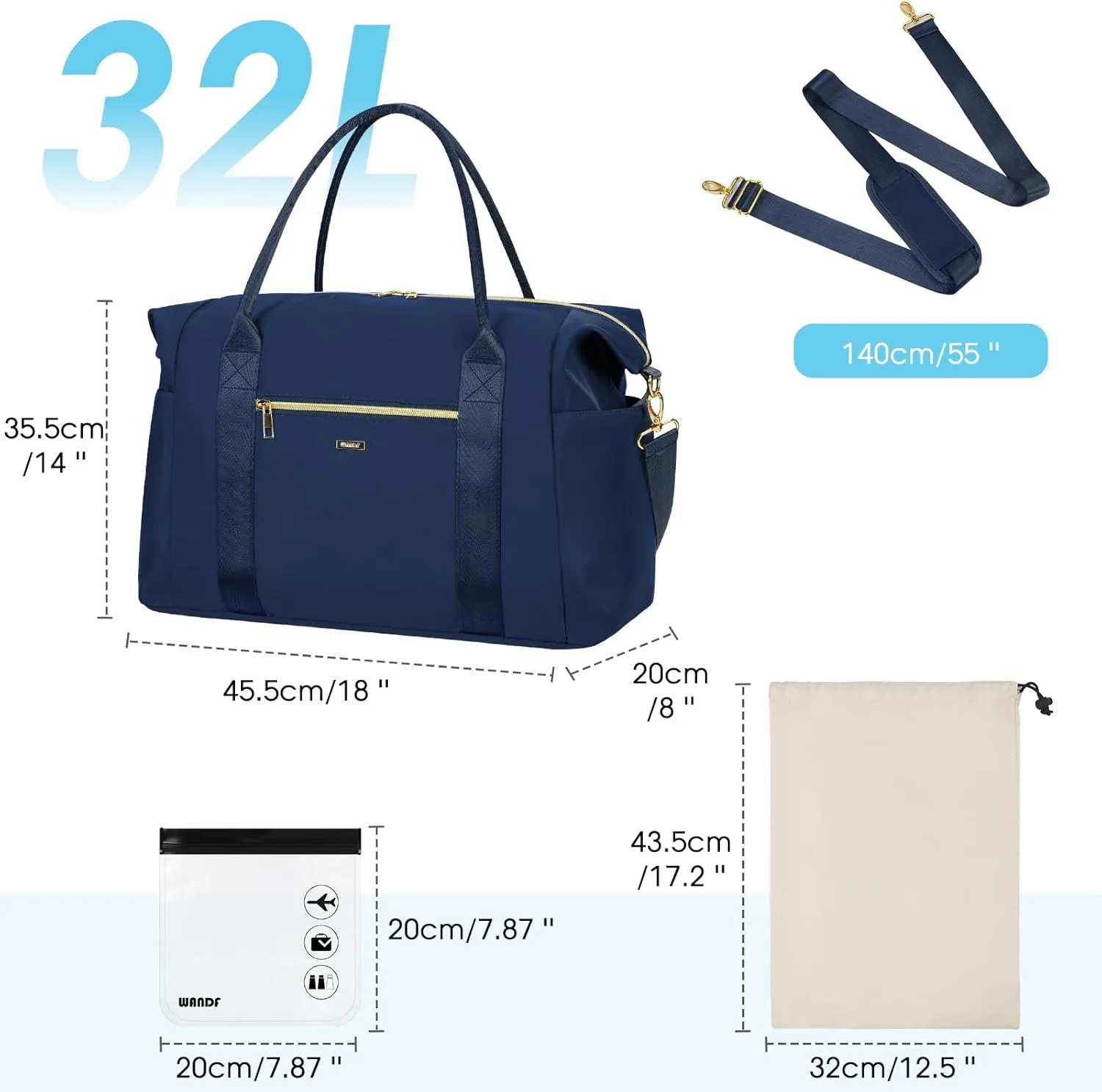 WANDF For Spirit Airlines Personal Item Bag 18x14x8 Travel Duffel Bag with TSA Approved Quart Size Bag & Shoe Bags Weekender Overnight Carry-on Luggage for Women (Navy Blue）