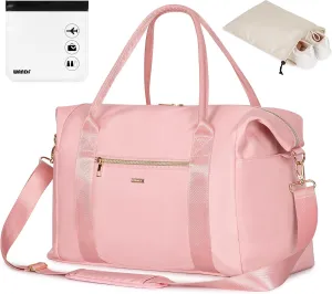 WANDF For Spirit Airlines Personal Item Bag 18x14x8 Travel Duffel bag with TSA Approved Quart Size Bag & Shoe Bags Weekender Overnight Carry-on Luggage for Women (Pink）