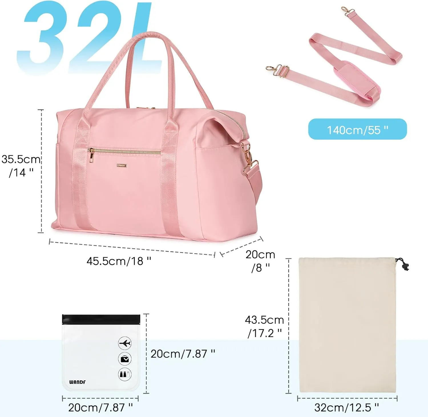 WANDF For Spirit Airlines Personal Item Bag 18x14x8 Travel Duffel bag with TSA Approved Quart Size Bag & Shoe Bags Weekender Overnight Carry-on Luggage for Women (Pink）