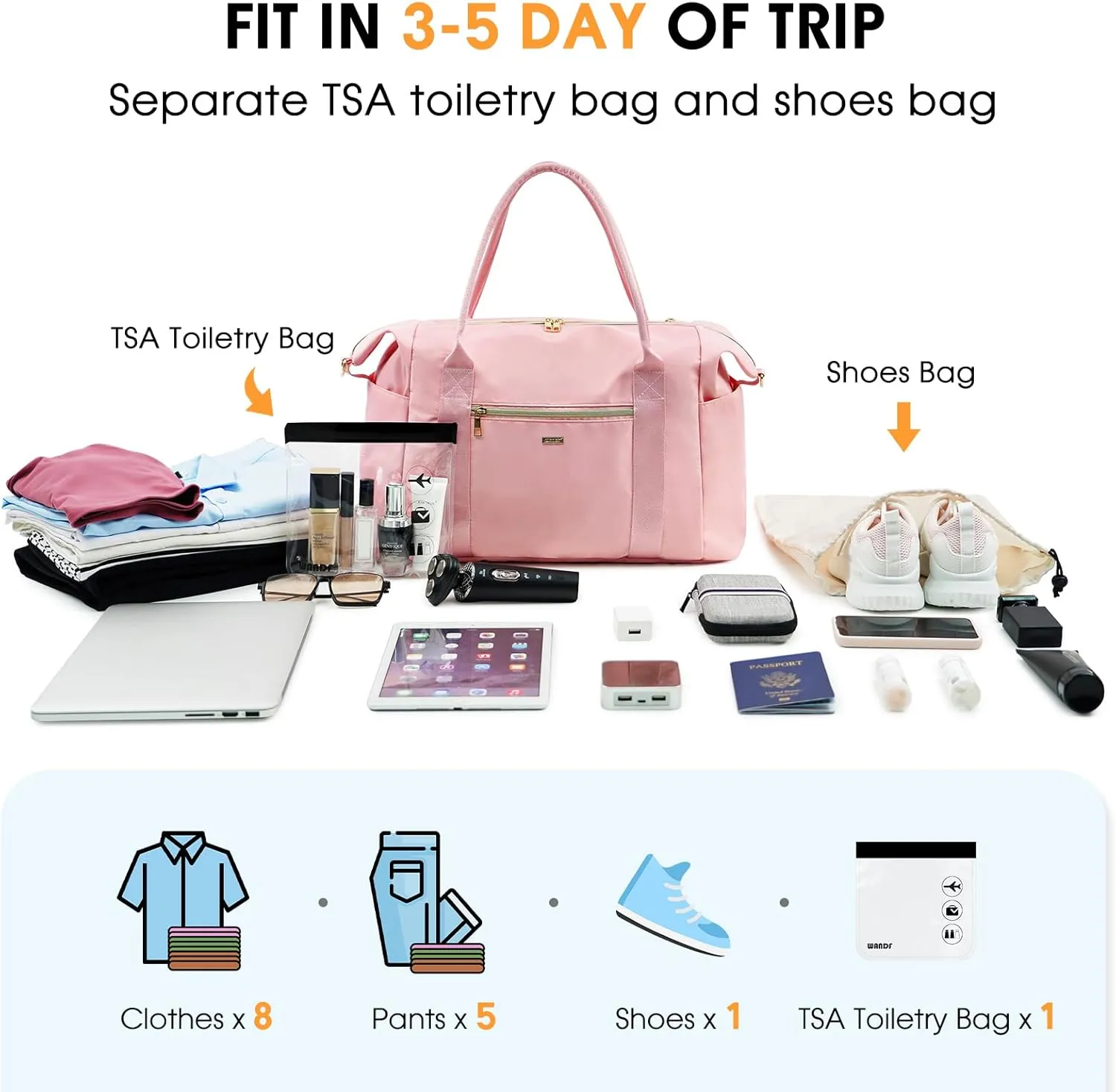 WANDF For Spirit Airlines Personal Item Bag 18x14x8 Travel Duffel bag with TSA Approved Quart Size Bag & Shoe Bags Weekender Overnight Carry-on Luggage for Women (Pink）