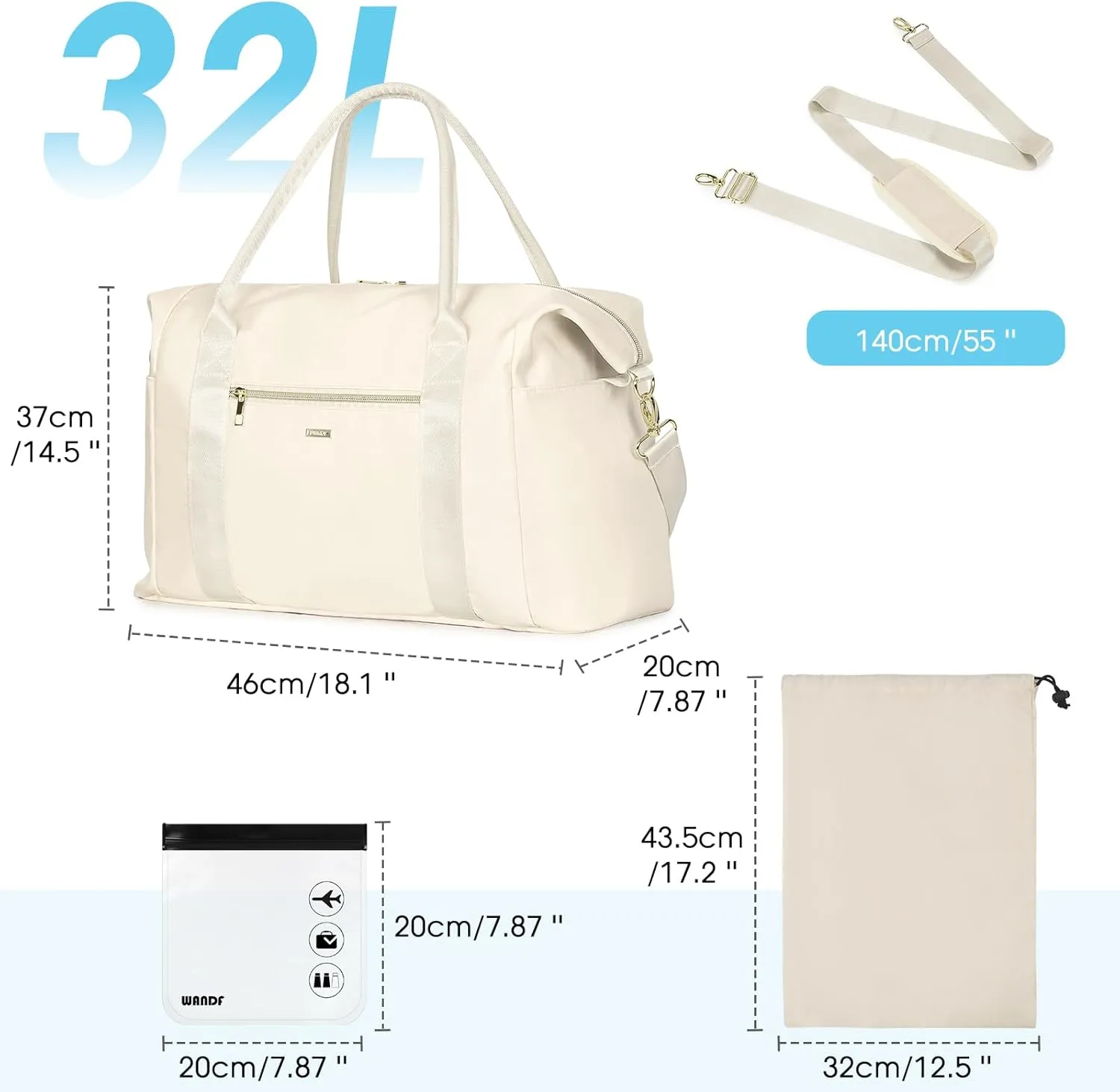 WANDF For Spirit Airlines Personal Item Bag 18x14x8 Travel Duffel Bag with TSA Approved Quart Size Bag & Shoe Bags Weekender Overnight Carry-on Luggage for Women (White）