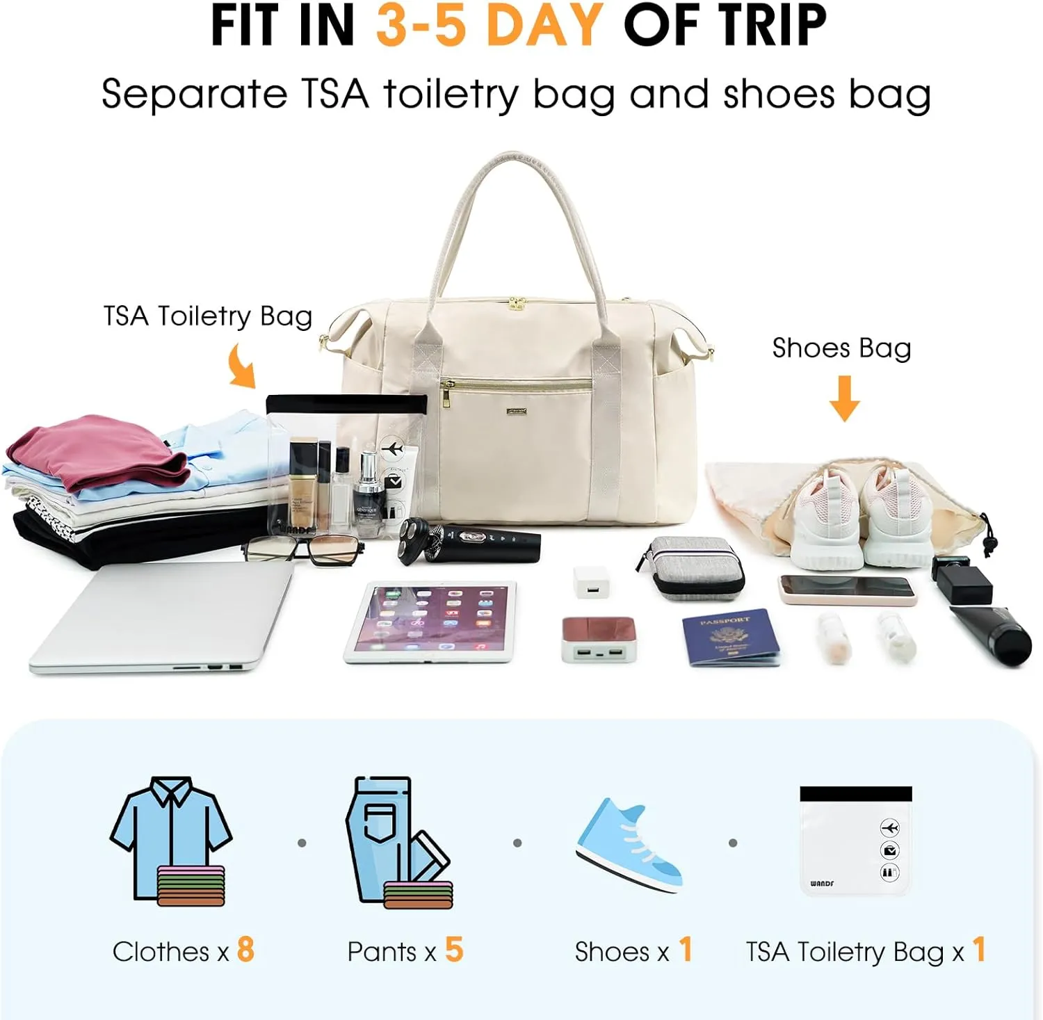 WANDF For Spirit Airlines Personal Item Bag 18x14x8 Travel Duffel Bag with TSA Approved Quart Size Bag & Shoe Bags Weekender Overnight Carry-on Luggage for Women (White）