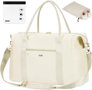 WANDF For Spirit Airlines Personal Item Bag 18x14x8 Travel Duffel Bag with TSA Approved Quart Size Bag & Shoe Bags Weekender Overnight Carry-on Luggage for Women (White）