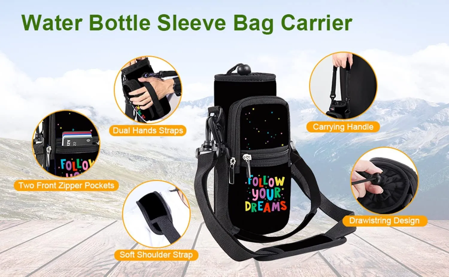 Water Bottle Carrier Bag Holder 25oz 32oz 40oz 64oz Insulated Water Bottle Sling Sleeve Case Cover with Strap Pockets