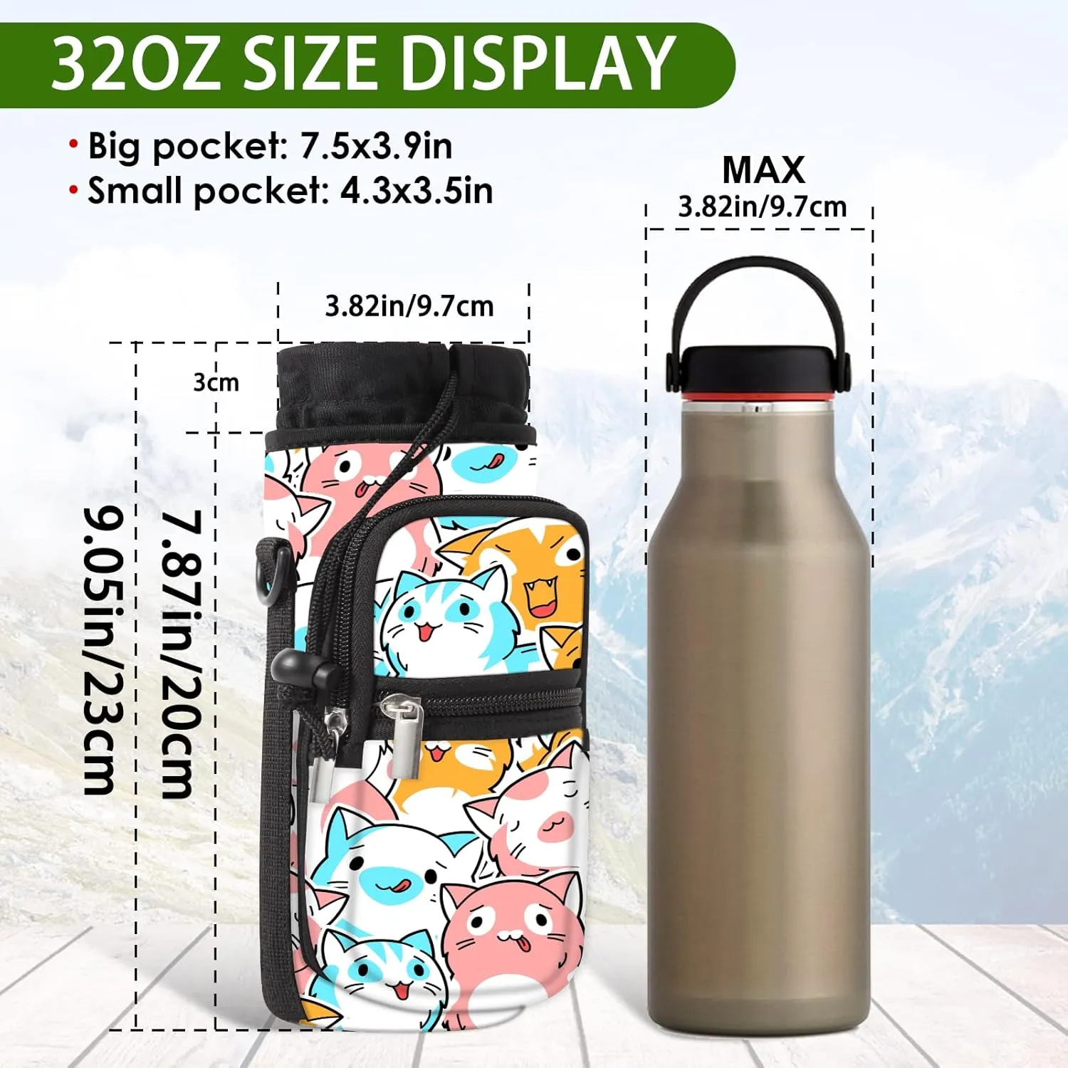 Water Bottle Carrier Bag Holder 25oz 32oz 40oz 64oz Insulated Water Bottle Sling Sleeve Case Cover with Strap Pockets