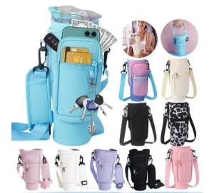 Water Bottle Carrier Bag with Phone Pocket for Cup, Insulated Neoprene Water Bottle Holder Cross-boday Bag with Adjustable Shoulder & Handheld Strap Accessories. LIGHT BEIGE