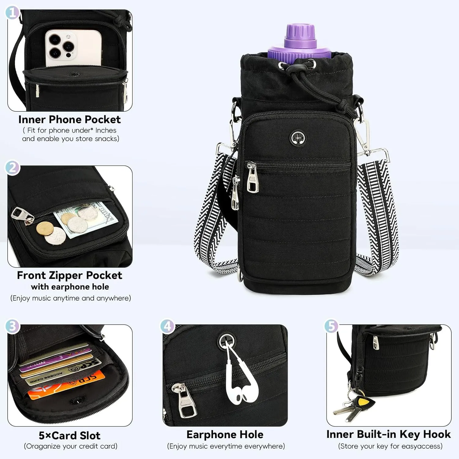 Water Bottle Carrier Bag with Strap Insulated Water Bottle Carrier Sling Bag with Phone Pocket for Walking, Hiking, Cycling, Water Bottle Holder with Strap
