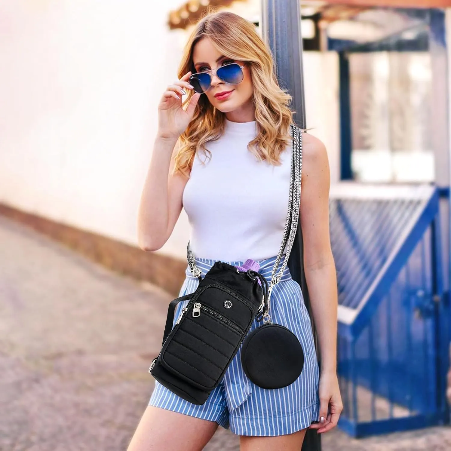 Water Bottle Carrier Bag with Strap Insulated Water Bottle Carrier Sling Bag with Phone Pocket for Walking, Hiking, Cycling, Water Bottle Holder with Strap