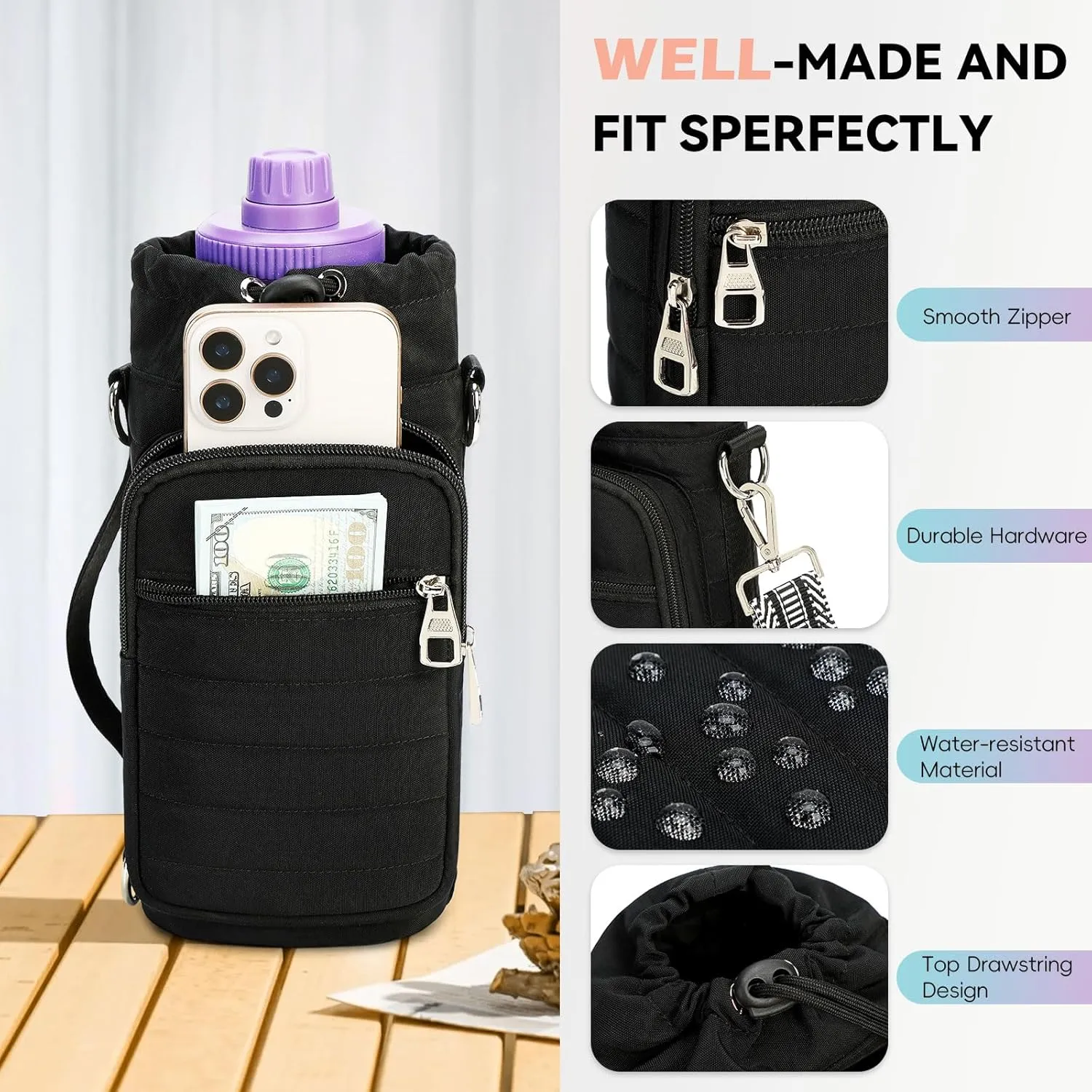 Water Bottle Carrier Bag with Strap Insulated Water Bottle Carrier Sling Bag with Phone Pocket for Walking, Hiking, Cycling, Water Bottle Holder with Strap