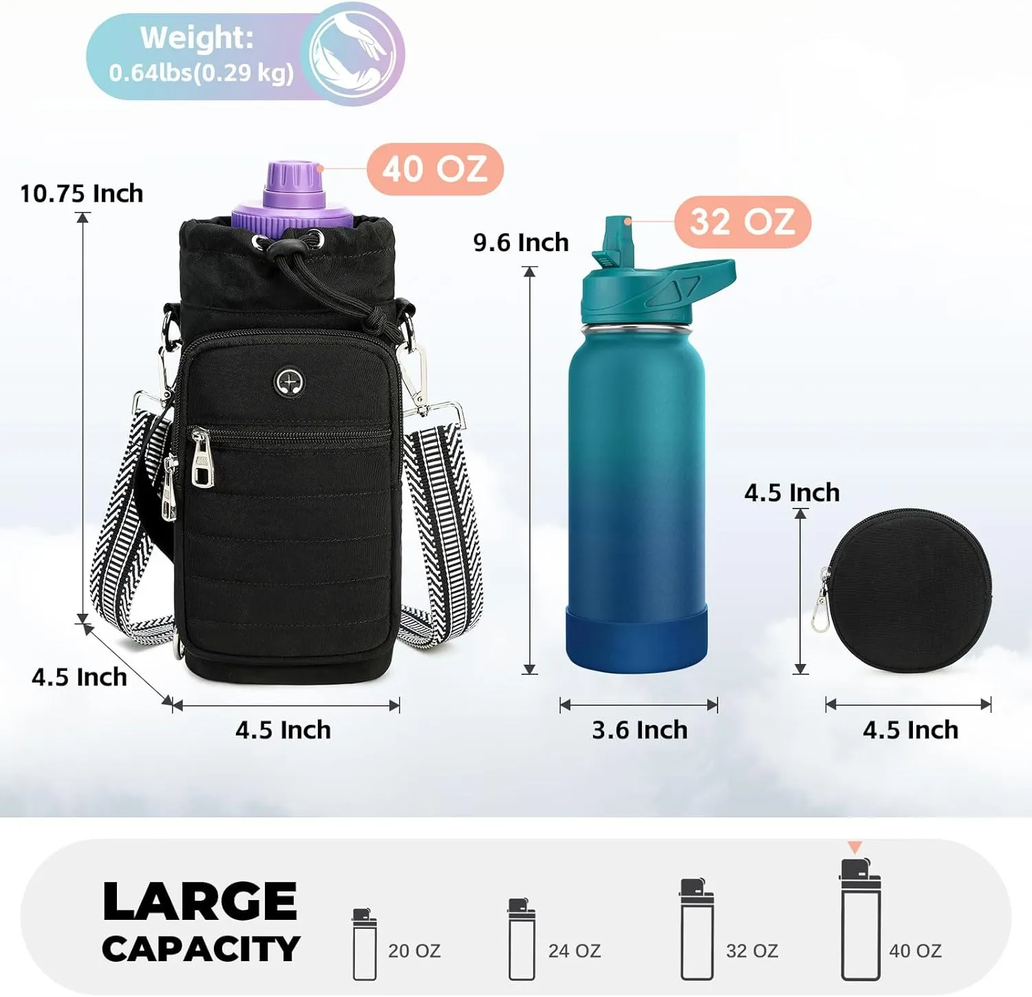 Water Bottle Carrier Bag with Strap Insulated Water Bottle Carrier Sling Bag with Phone Pocket for Walking, Hiking, Cycling, Water Bottle Holder with Strap