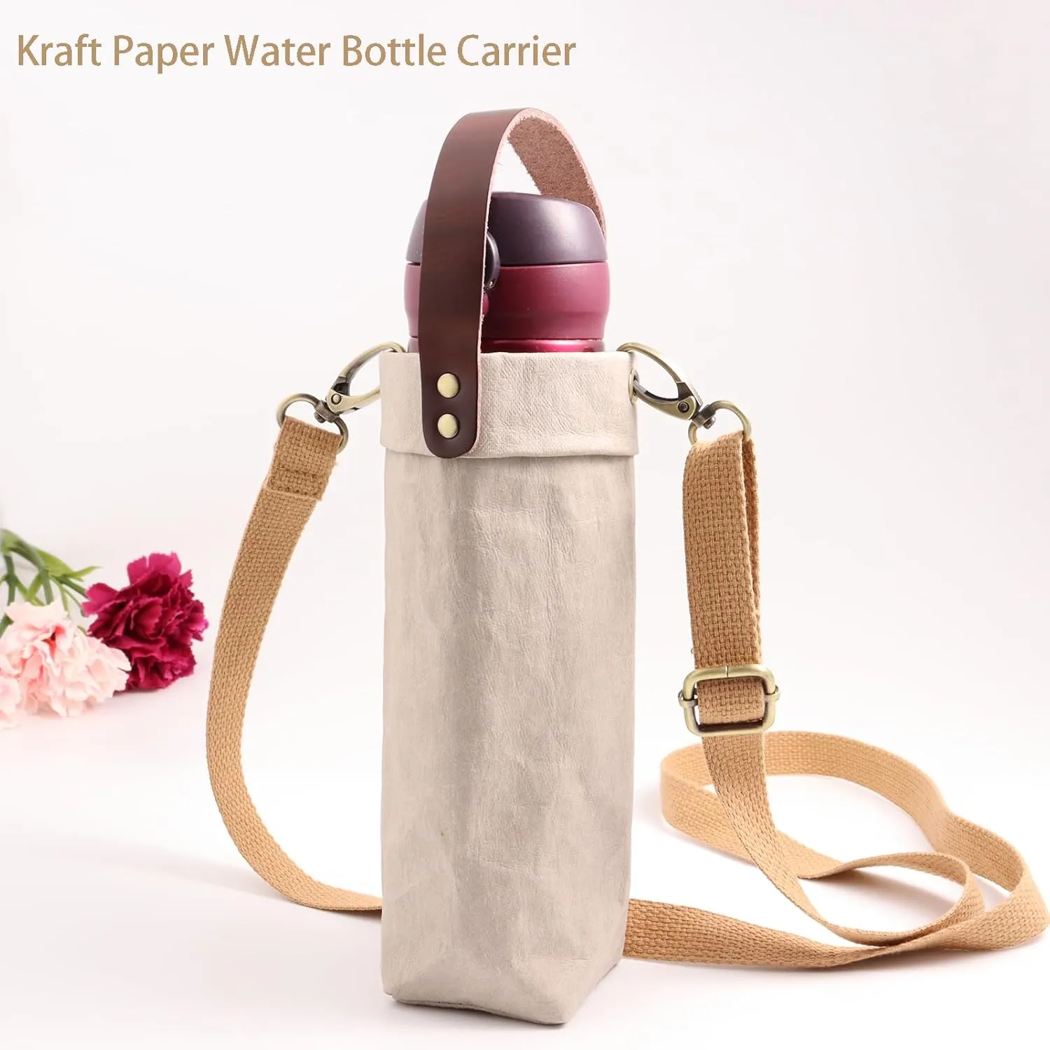 Water Bottle Carrier with Strap,Washed kraft Paper Water Cup Sleeve for 17/20oz Insulated Water Bottle,for Walking Hiking Camping Gym