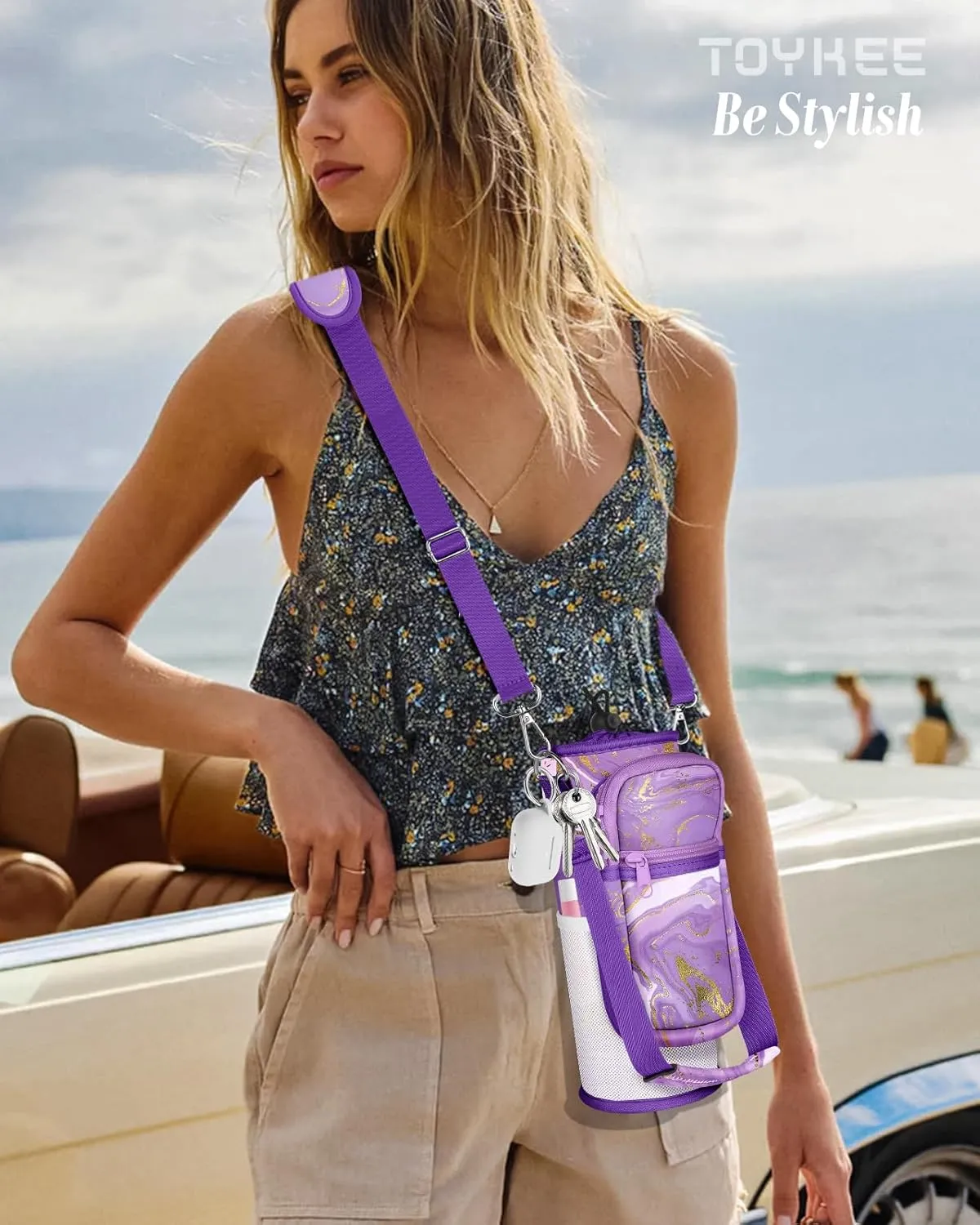 Water Bottle Holder Carrier Bag with Strap - Crossbody Sling for Walking with Phone Pocket Insulated for 32 24 oz