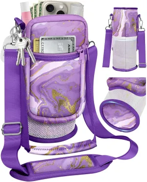 Water Bottle Holder Carrier Bag with Strap - Crossbody Sling for Walking with Phone Pocket Insulated for 32 24 oz