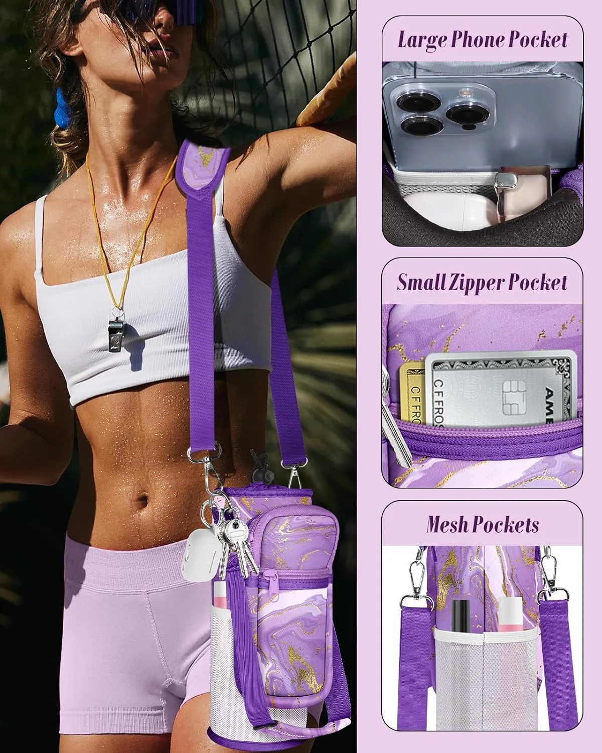 Water Bottle Holder Carrier Bag with Strap - Crossbody Sling for Walking with Phone Pocket Insulated for 32 24 oz