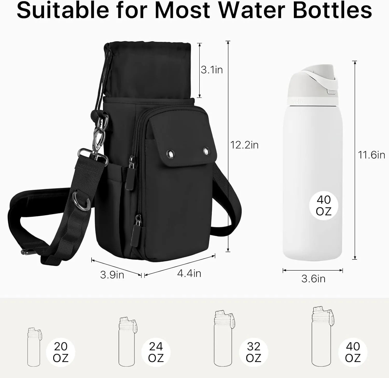 Water Bottle Holder with Strap 24 32 40oz Crossbody Insulated Water Bottle Carrier Sling Bag with Adjustable Wide Strap and Phone Purse 5 Pockets for Walking Hiking Gym Travel