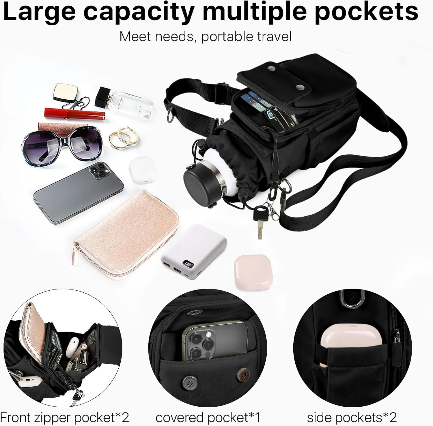 Water Bottle Holder with Strap 24 32 40oz Crossbody Insulated Water Bottle Carrier Sling Bag with Adjustable Wide Strap and Phone Purse 5 Pockets for Walking Hiking Gym Travel