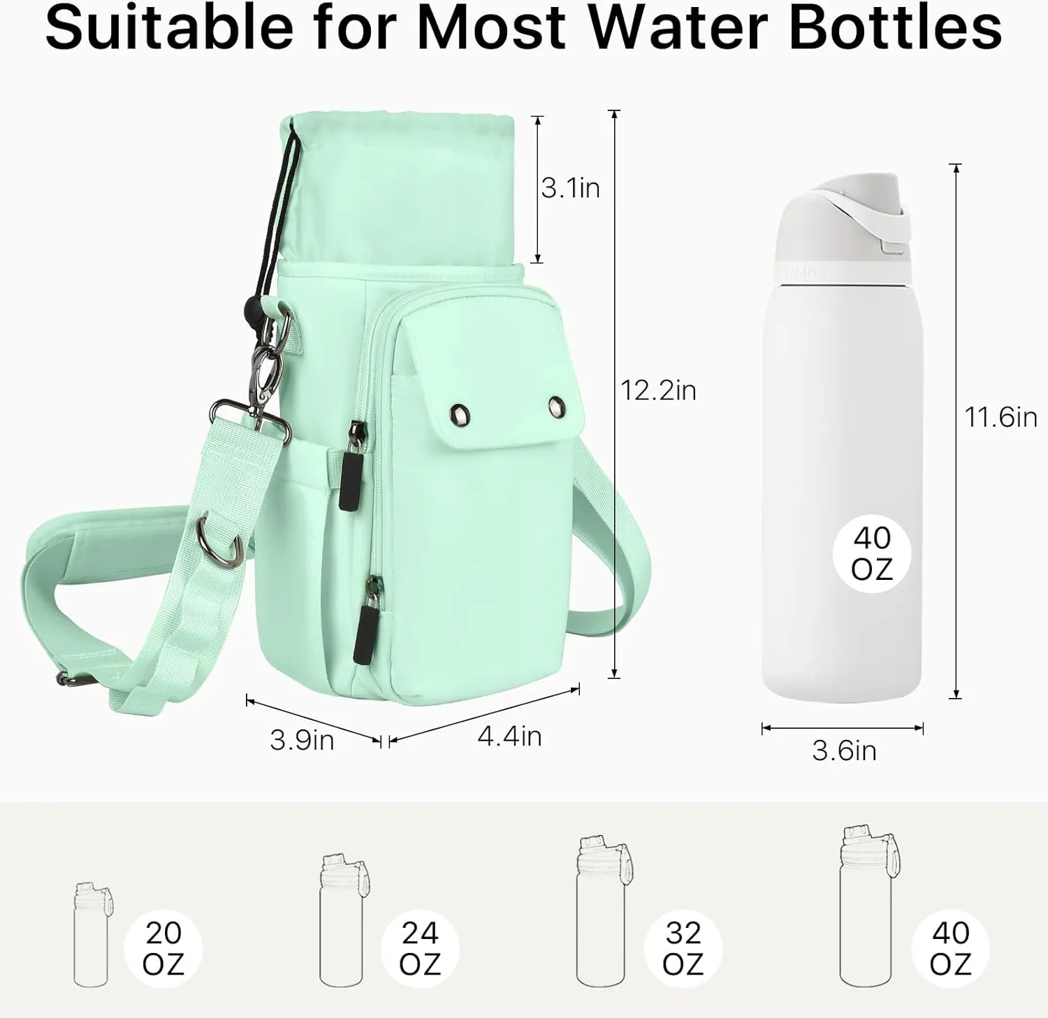 Water Bottle Holder with Strap 24 32 40oz Crossbody Insulated Water Bottle Carrier Sling Bag with Adjustable Wide Strap and Phone Purse 5 Pockets for Walking Hiking Gym Travel