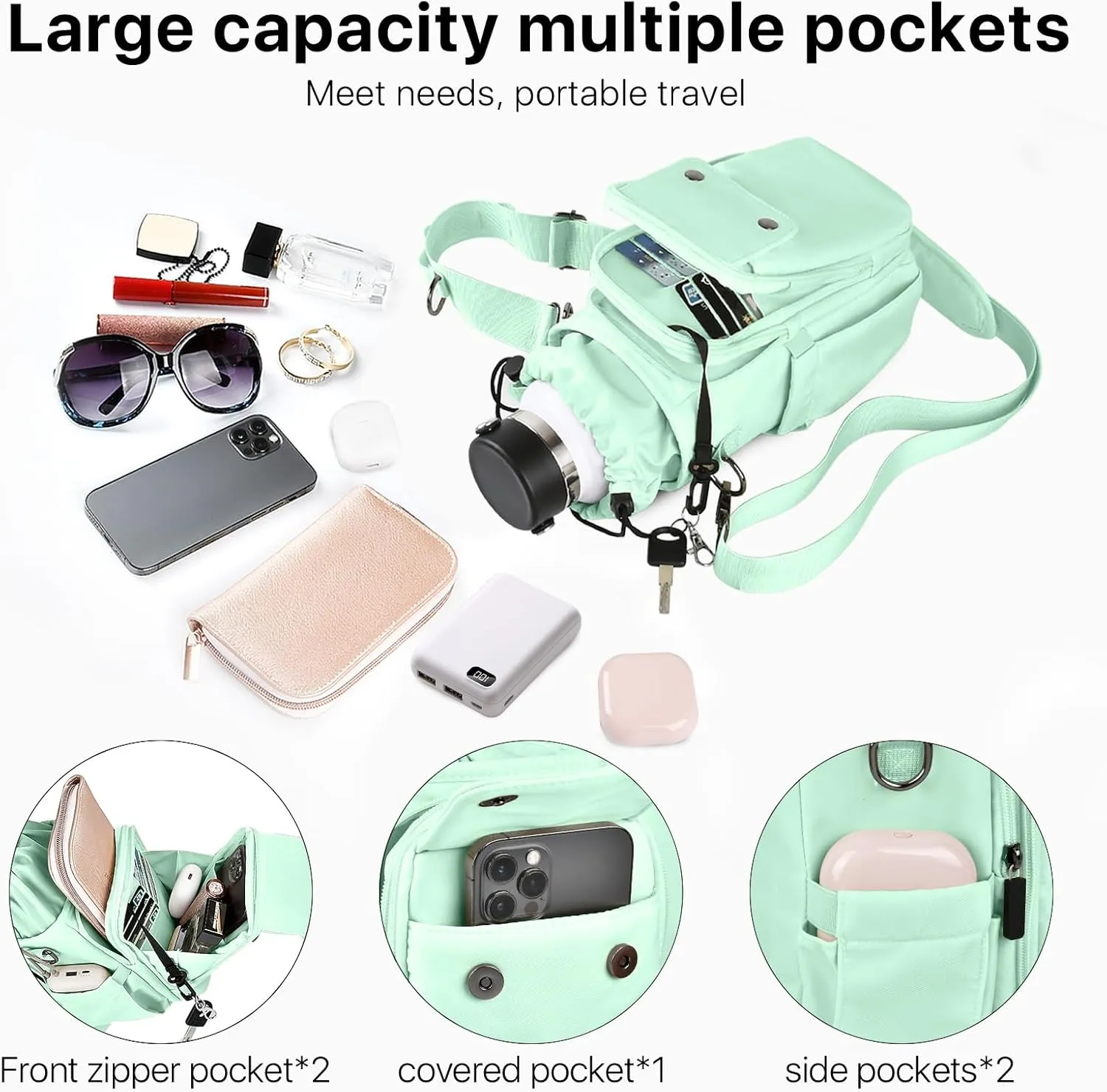 Water Bottle Holder with Strap 24 32 40oz Crossbody Insulated Water Bottle Carrier Sling Bag with Adjustable Wide Strap and Phone Purse 5 Pockets for Walking Hiking Gym Travel