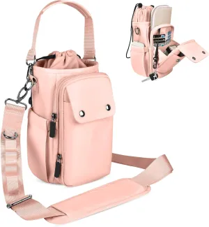 Water Bottle Holder with Strap 24 32 40oz Crossbody Insulated Water Bottle Carrier Sling Bag with Adjustable Wide Strap and Phone Purse 5 Pockets for Walking Hiking Gym Travel