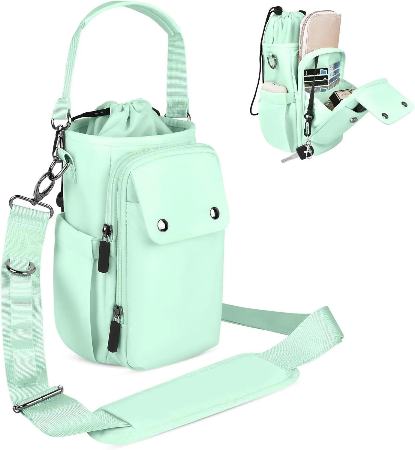 Water Bottle Holder with Strap 24 32 40oz Crossbody Insulated Water Bottle Carrier Sling Bag with Adjustable Wide Strap and Phone Purse 5 Pockets for Walking Hiking Gym Travel
