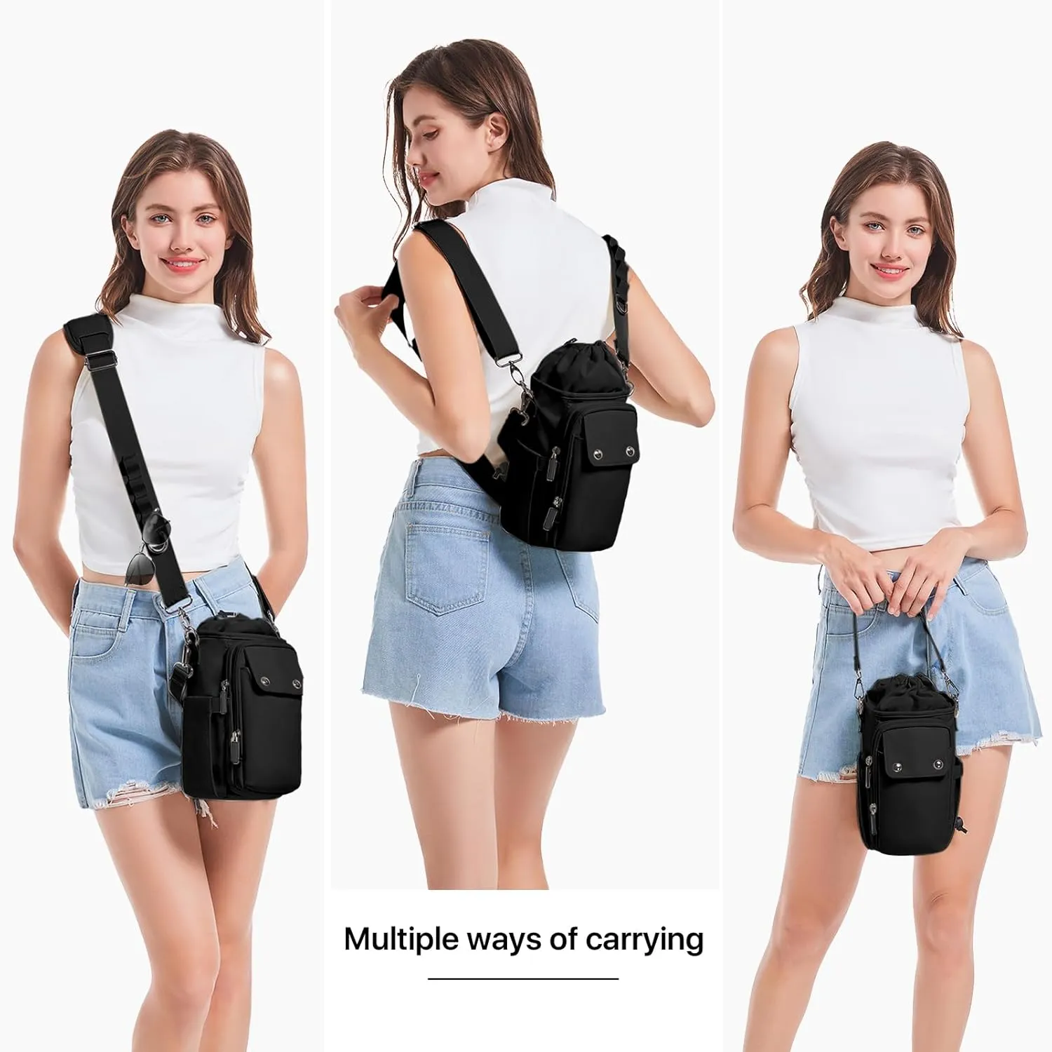 Water Bottle Holder with Strap 24 32 40oz Crossbody Insulated Water Bottle Carrier Sling Bag with Adjustable Wide Strap and Phone Purse 5 Pockets for Walking Hiking Gym Travel