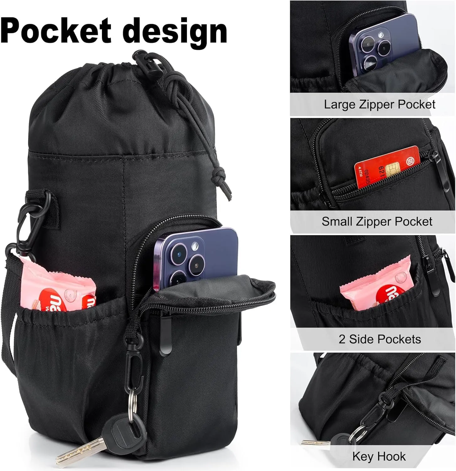 Water Bottle Holder with Strap 32oz 40oz 16 64oz Water Bottle Holder with Strap Insulated Water Bottle Carrier Sling Bag with Phone Pocket Water Bottle Sling Bag for Water Bottle Accessories