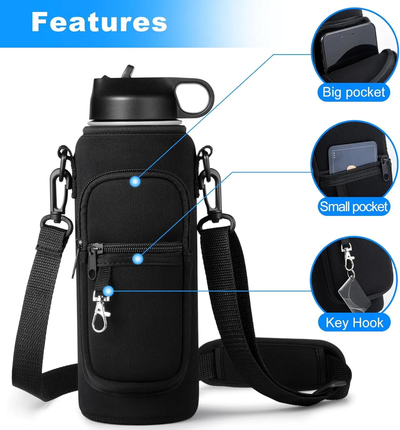 Water Bottle Holder with Strap for Hydroflask 32oz 40oz Insulated Water Bottle, Carrier Sling Bag with Phone Pocket Water Bottle Sleeve for Men Women Hiking Camping Travelling