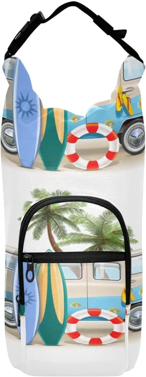 Water Bottle Sling Sleeve Bag, Bottle Carrier Holder Case Cover with Removable Strap Travel Mug Cup Storage with Pockets Print Surfing Van Trip Camper Bus Palm Tree Surfboard