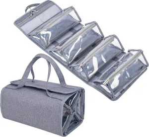 Water Resistant Polyester 4 in 1 Hanging Roll Up Makeup Bag Toiletry Bag Travel Cosmetic Storage Case Hair Beauty Tools First Aid Kits Organizer Bag With 4 Removable PVC Zipper Pouches (Grey)