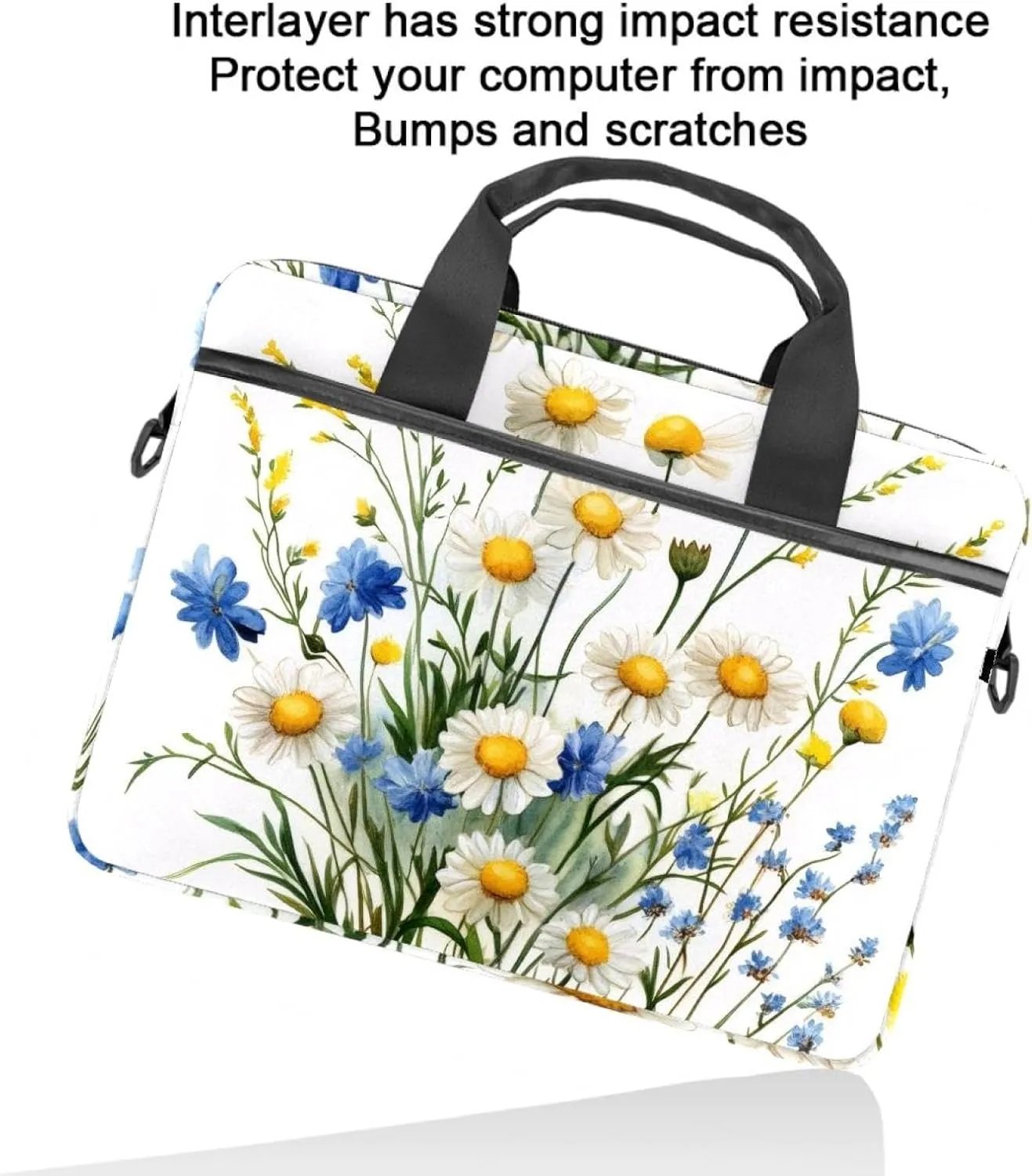 Watercolor Blue Flowers Floral Laptop Shoulder Bag Slim Computer Briefcase Laptop Sleeve Messenger Case