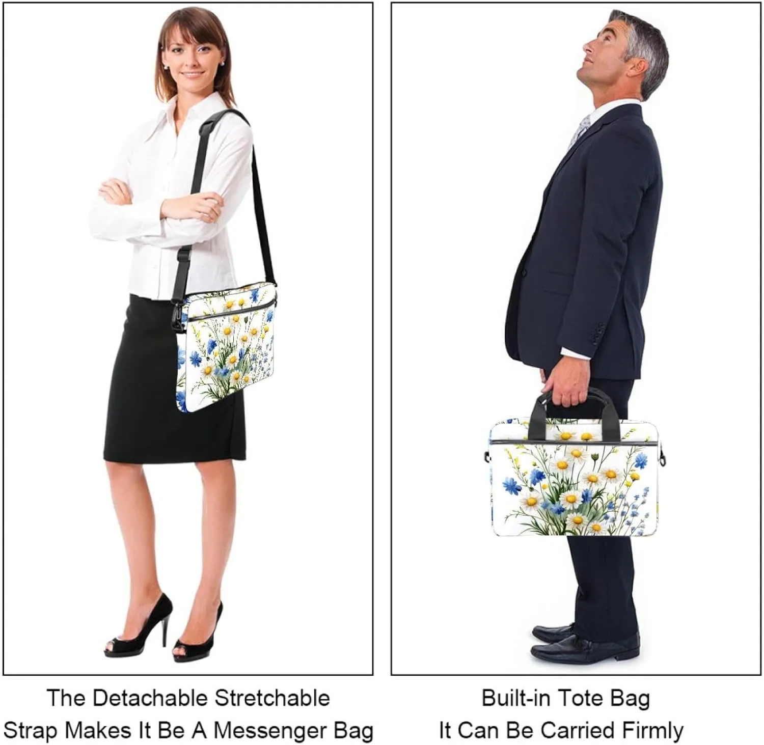 Watercolor Blue Flowers Floral Laptop Shoulder Bag Slim Computer Briefcase Laptop Sleeve Messenger Case