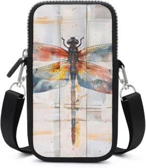 Watercolor Dragonfly Rustic Wood Style Vintage Insect Cell Phone Purse Small Cross-body Bags Portable Shoulder Bag with Zippered for Women Men