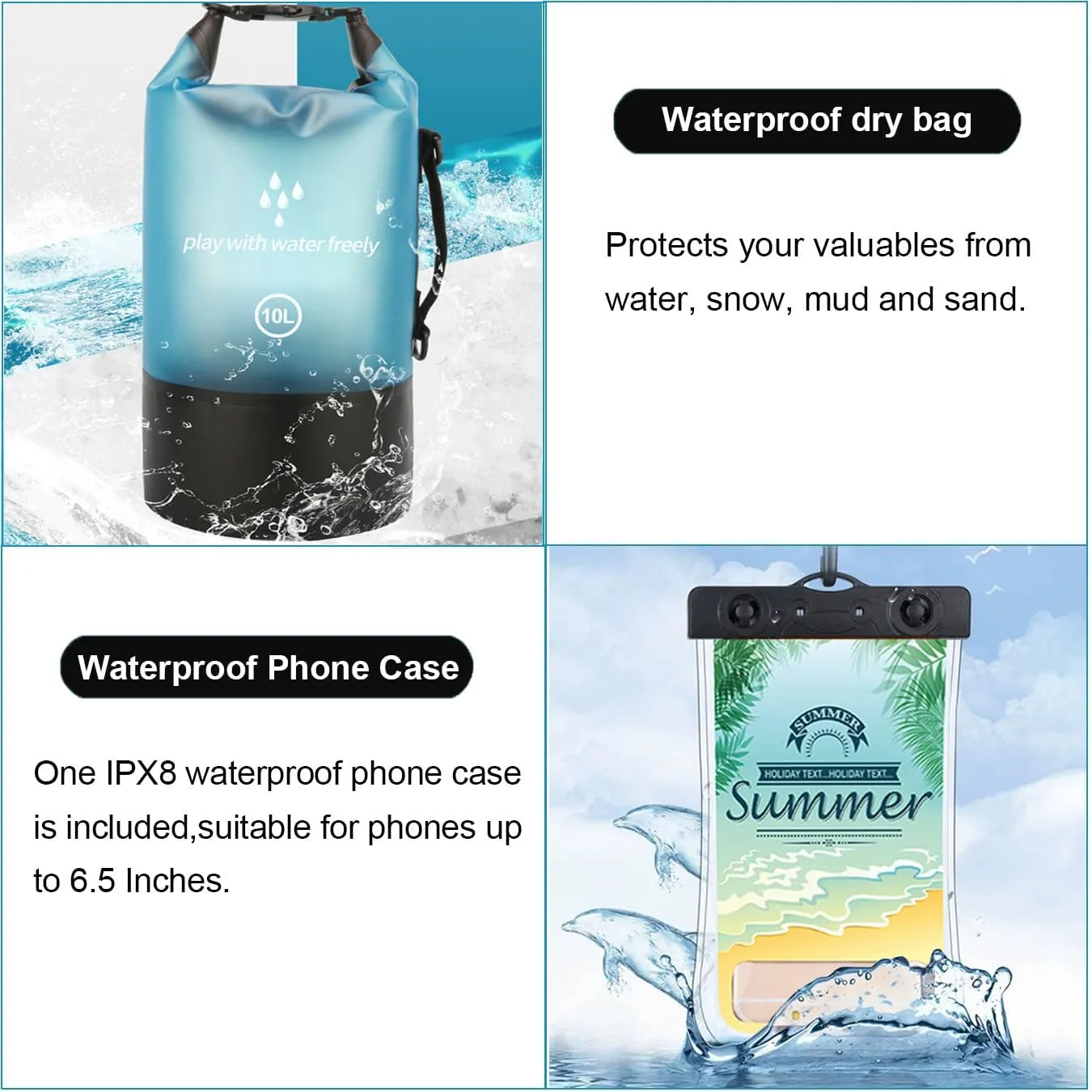 Waterproof Dry Bag,5L/10L/20L Roll Top Lightweight Dry Storage Bag Backpack with Waterproof Phone Case for Travel,Swimming,Boating,Kayaking,Fishing,Camping and Beach (Blue 1pcs, 20L)