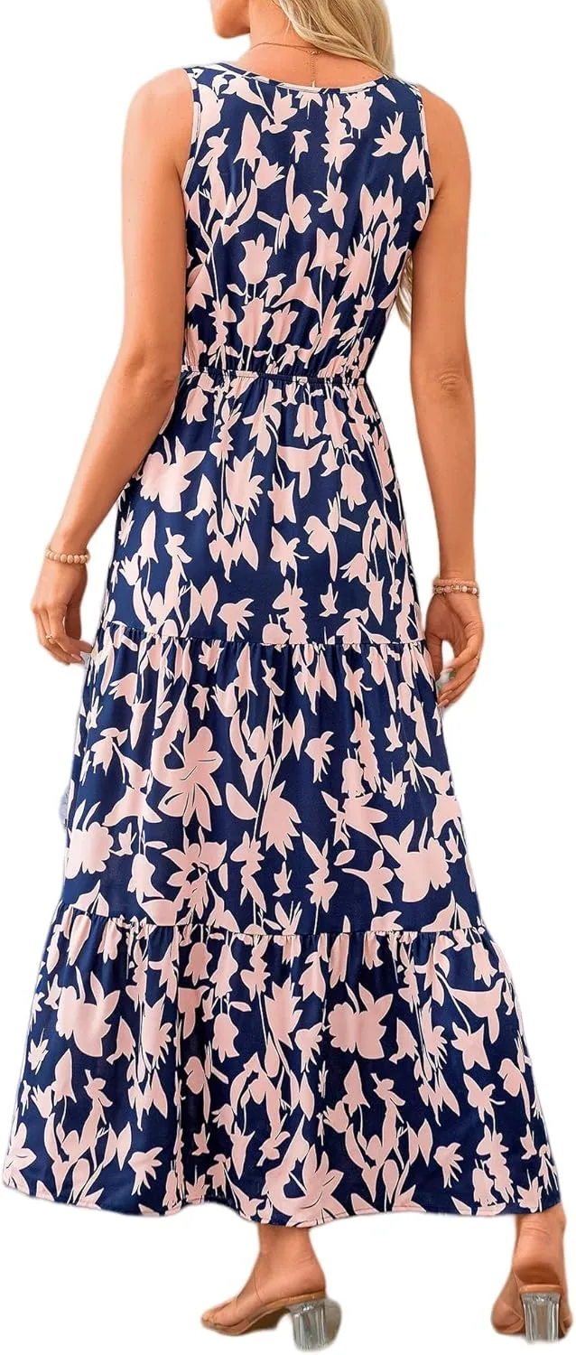 Wedding Guest Dresses for Women 2025 Beach Summer Dresses Casual Sleeveless Maxi Dresses Trendy Cute Floral Long Dress