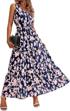 Wedding Guest Dresses for Women 2025 Beach Summer Dresses Casual Sleeveless Maxi Dresses Trendy Cute Floral Long Dress