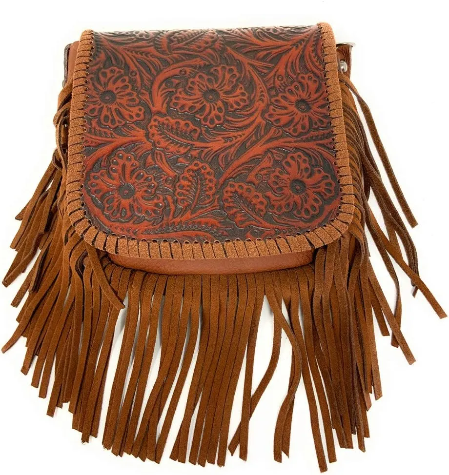 Western Genuine Leather Floral Tooled Fringe Womens Crossbody Bag 3 Color
